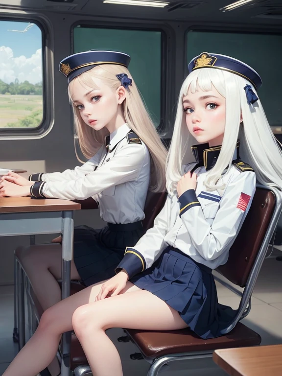 superflat, flat shading, flat colors, (masterpiece:1.2, best quality), (closeup), 2girls, young teen, slim, (white military outfit), pleated skirt, military hat, space cadet, sitting by desk, in classroom, put head on hand, bored, classmates in background, (spaceship interiors), futuristic, cosmos, watercolor