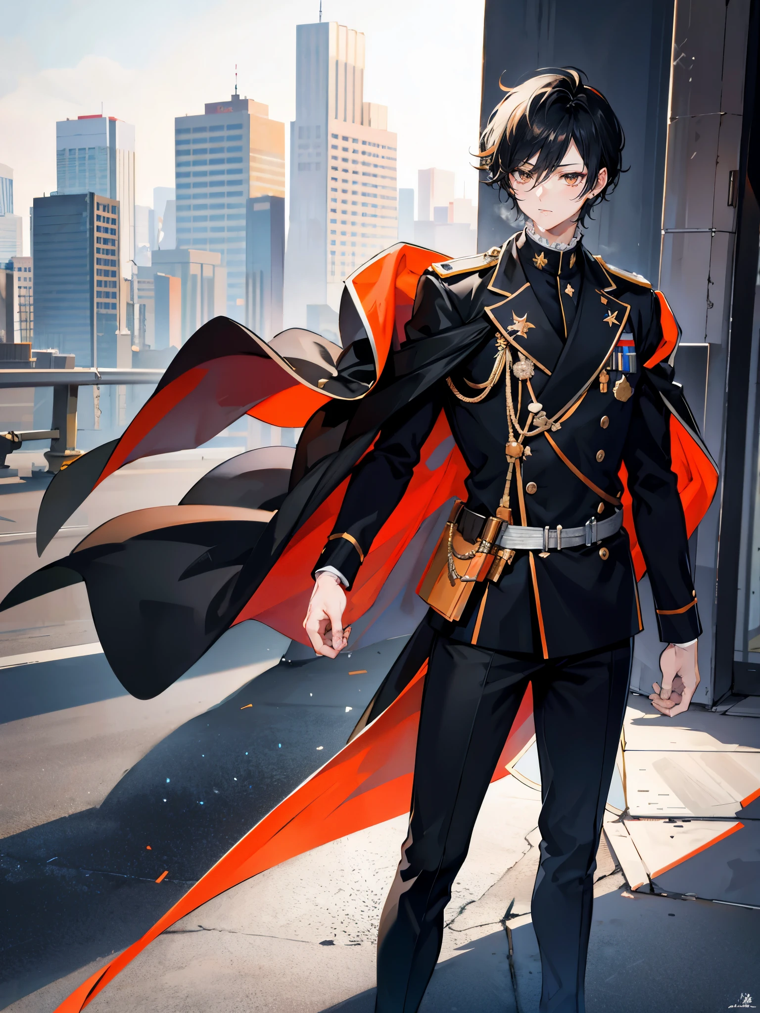black hair,short detailed hair,male,Handsome, orange eyes,serious-expression,military uniform,Standing on the ground,Background city ,science fantasy