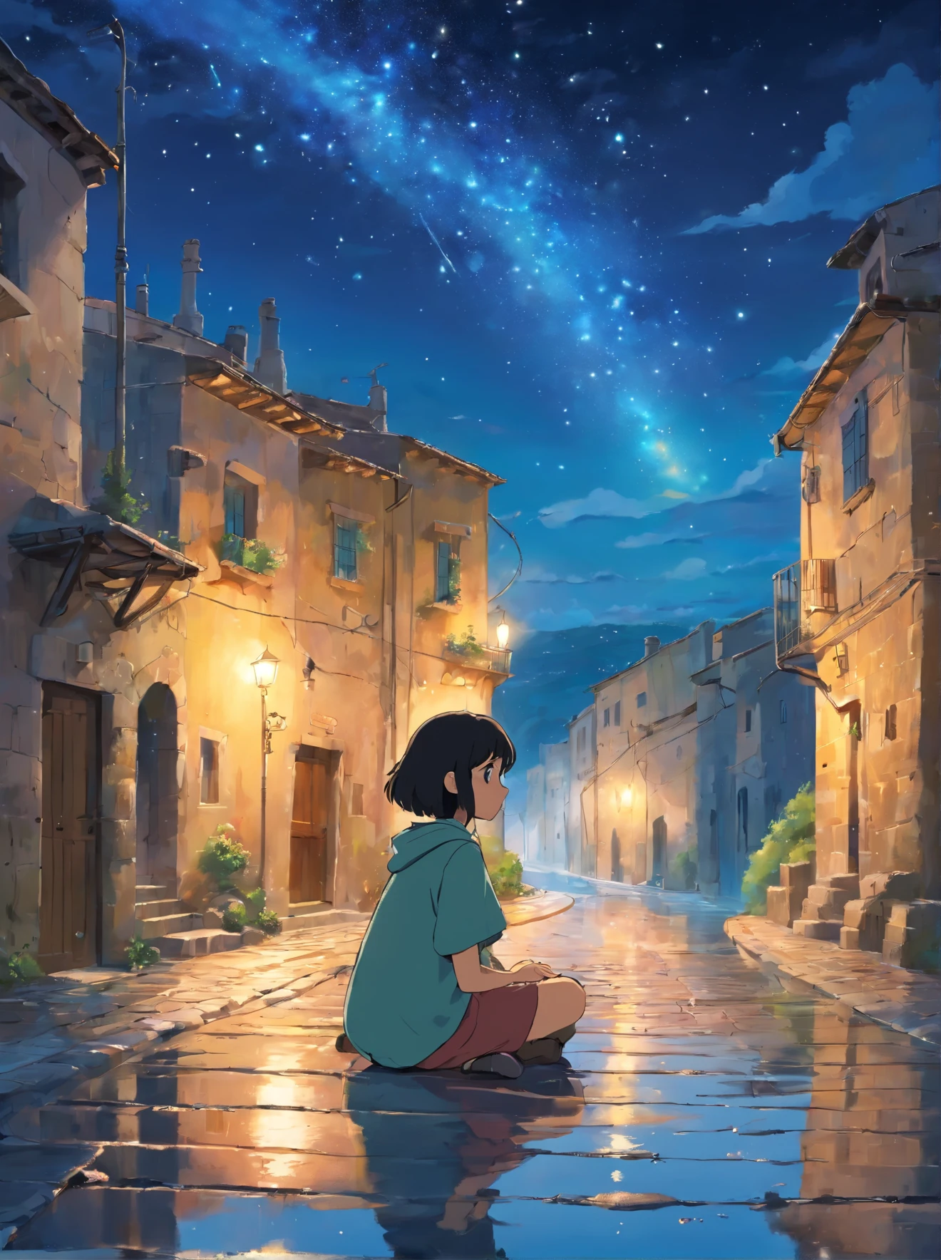 octane, null, star (null), scenery, starry night, 1 woman, black hair, short hair, sassi_diMatera, landscape of Matera, solo, alone, outdoors, building, cloud, milky way, sitting, wood, long hair, city, silhouette, cityscape, the streets of Matera obstacles on the road, rain, rain puddles on the path