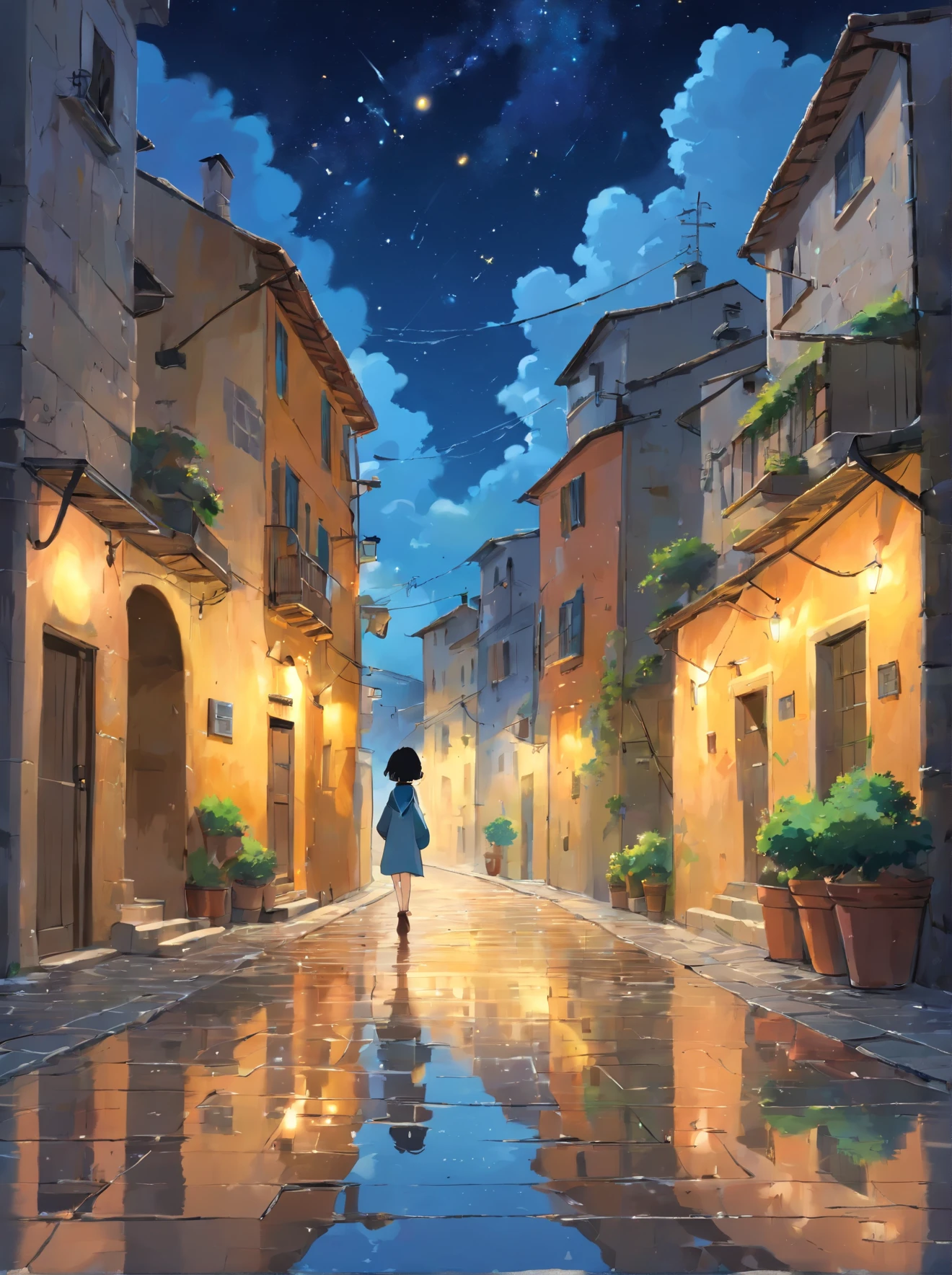 octane, null, star (null), scenery, starry night, 1 woman, black hair, short hair, sassi_diMatera, landscape of Matera, solo, alone, outdoors, building, cloud, milky way, sitting, wood, long hair, city, silhouette, cityscape, the streets of Matera obstacles on the road, rain, rain puddles on the path