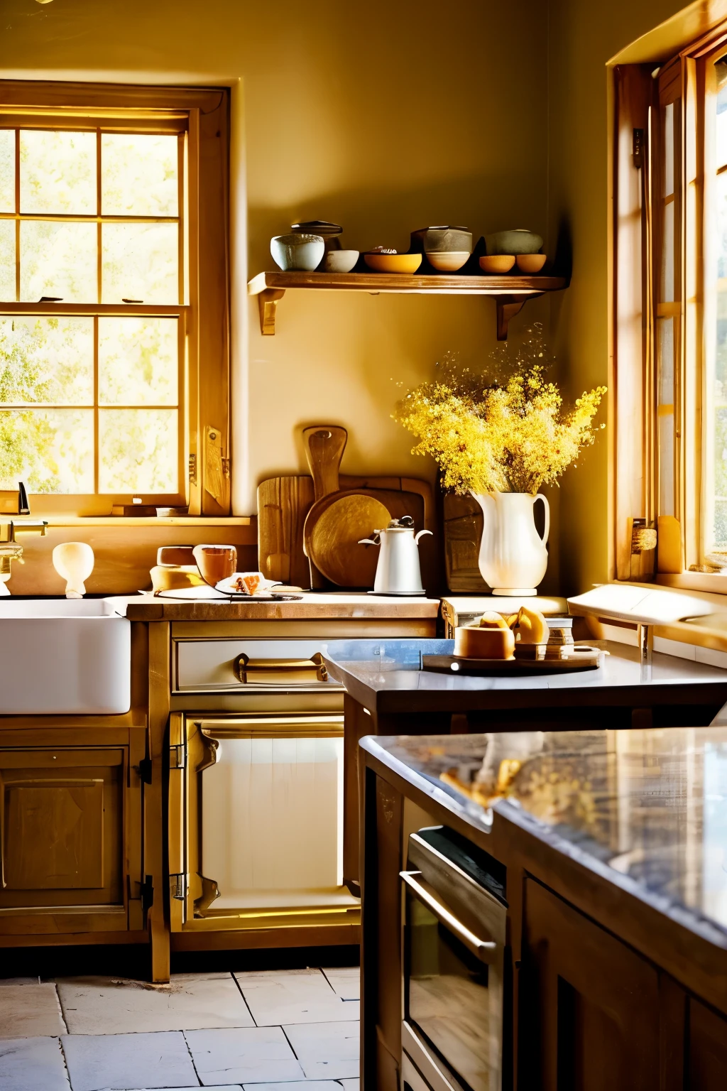 A rustic and cozy kitchen counter bathed in golden sunlight from a nearby window, cluttered with a bowl, a cutting board, a cloth containing bread and pastries, eggs, flour, and other baking ingredients. There are also some flowers adding to the cozy ambiance.