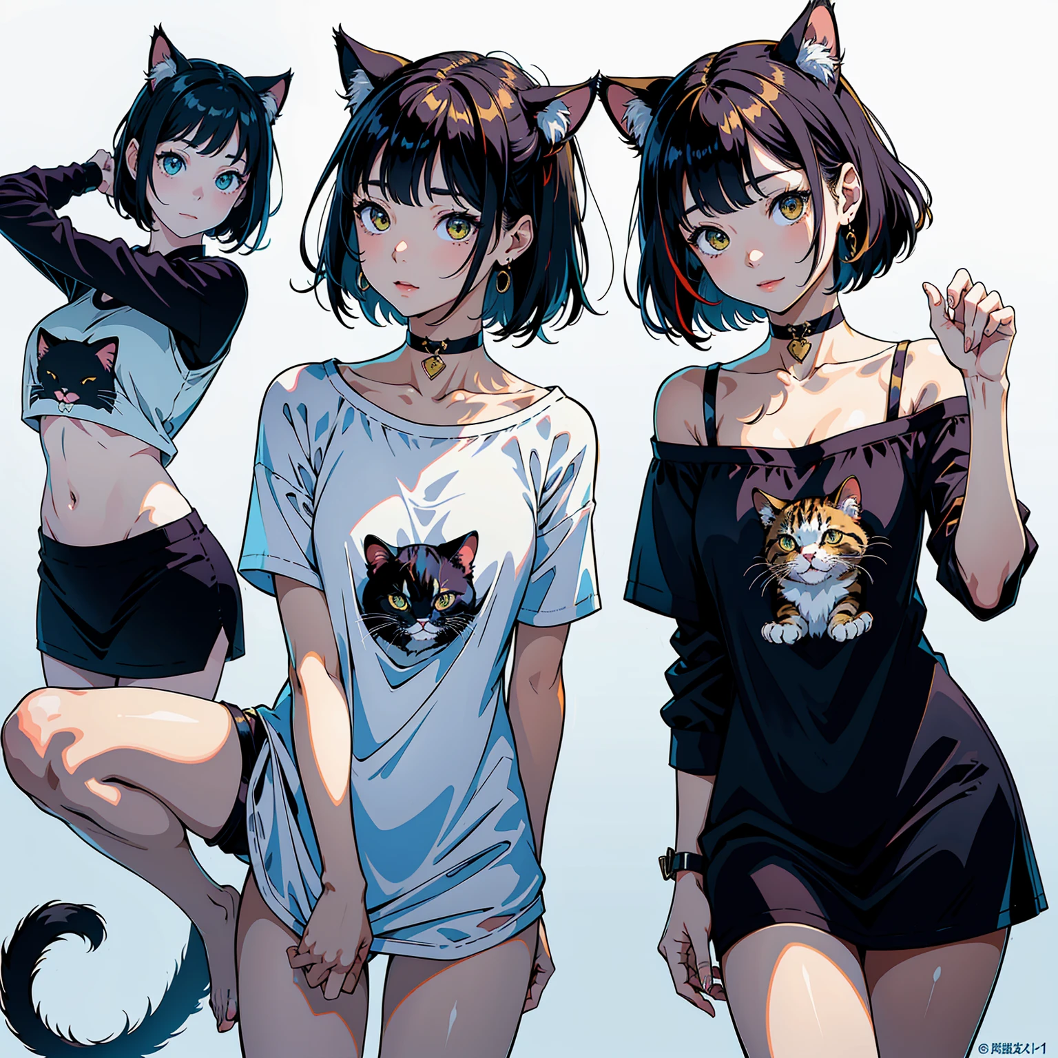 (highest quality, masterpiece, High resolution)、(anime art)、,cinematic light、soft light、(two girls)、black hair、(Tabby cat costume)、(Striped cat costume)、(Persian cat costume)、(Three-color cat costume)、(loose t-shirt)、(Loose shirt)、off shoulder、Sexy mini dress、Cat ear、bob cut、semi-long、bun hair、hair ornaments、choker、enchanting smile、small breasts、(cat pose)、(Playing)、acrobatics、Cat jarashi、((white background))、