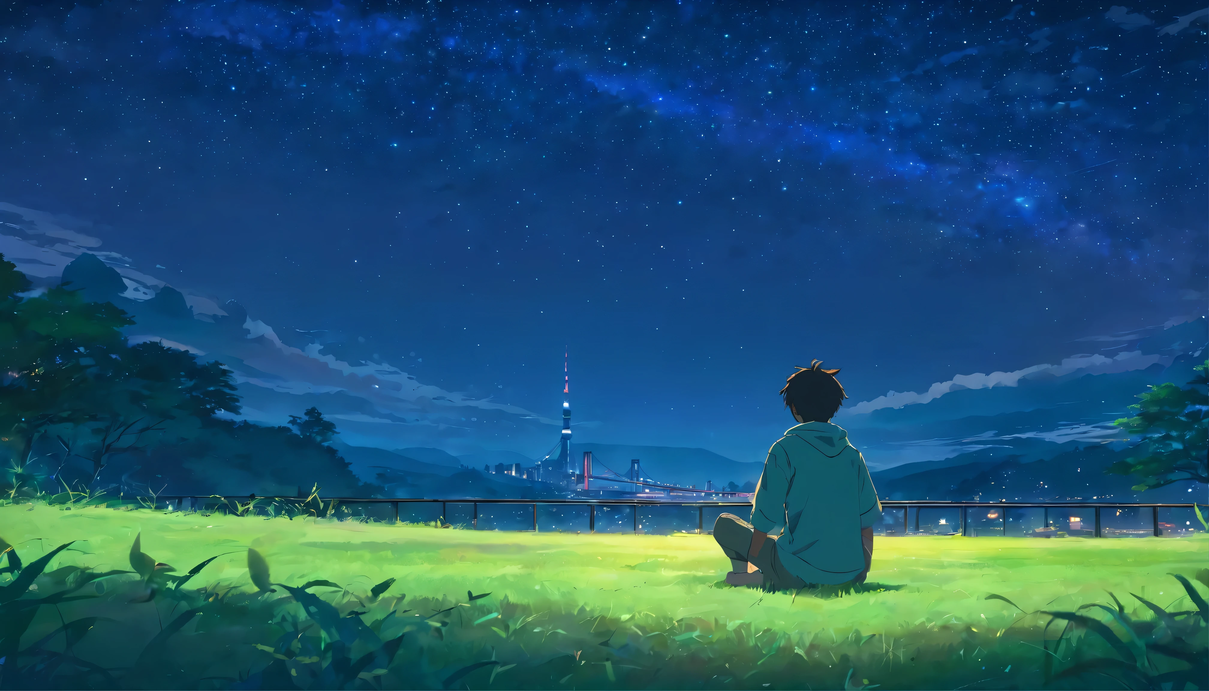 boy sitting on the grass, Gazing at the starry sky, Japan, Cyberpunk Scene