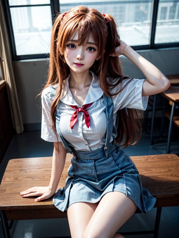 （8k, highest quality, Pieces fly:1.2)、Ultra-high resolution、anime,1 very pretty girl,Asuka Langley,Highly detailed face, Fine grain,blue eyes,,White sailor collar plain short sleeve shirt,Light blue skirt,Light Blue Suspenders,uniform_Red ribbon,Orange Hair,Long Hair、Detailed hand and fingers,put your hands in your hair,Grin、sitting on desk,Shooting from the sky,classroom