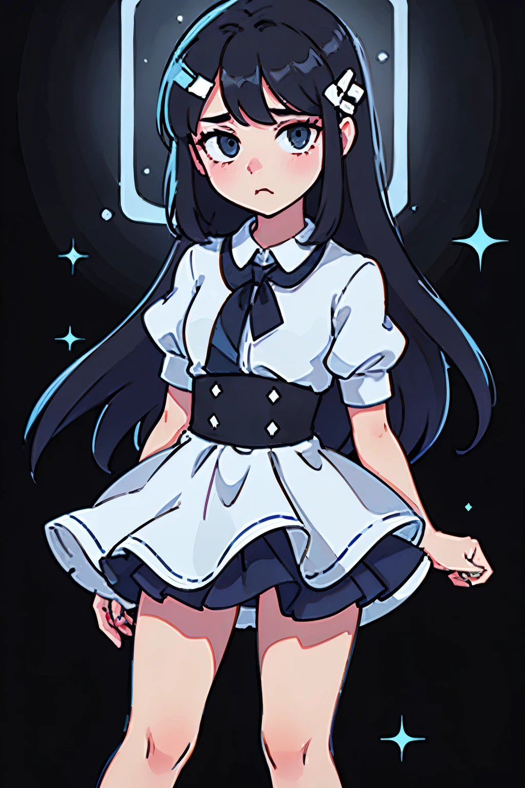1girl, filipino, long black hair, cute, wearing white blouse, blue skirt, white high socks, and black leather shoes., pout, hairclip, annoyed, full blush, cinematic lighting, depth of field, sparkle, high quality, best quality, anatomically correct, 4K