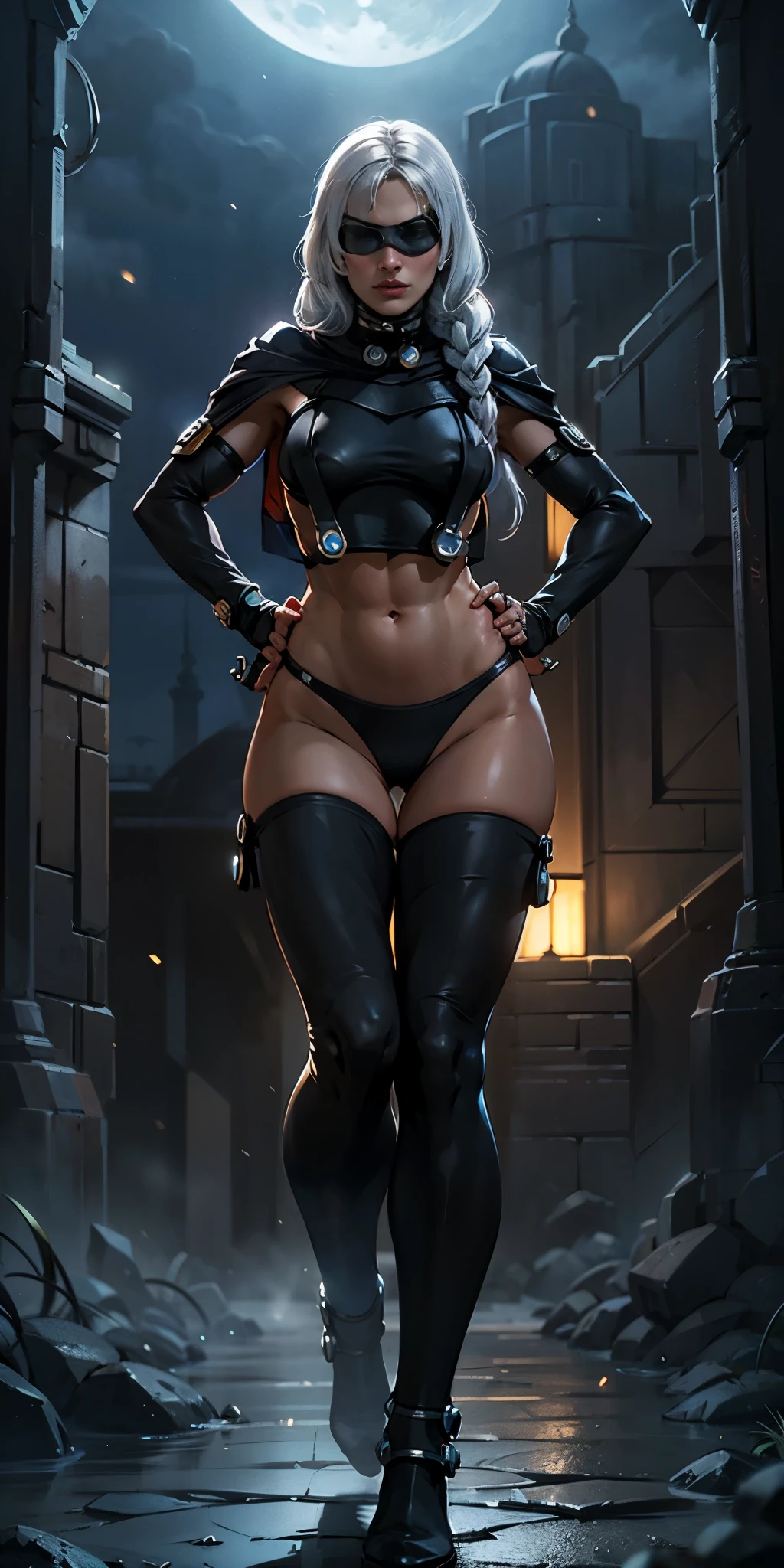 Female wearing tight gantz suit armor torn apart, black collar, corset, navel, abs, single braid, red cape, temple indoors, stained glass windows, night, moonlight, particles, light beam, chromatic aberration, (full body, whole body. 1solo (girl) slave fighter, loincloth standing, hands on hips full body, whole body, 1solo (girl). slave fighter, standing, hands on hips, choker, big belt, view from below, feet together, bracers, tiara) cross belt blindfolded cover eyes