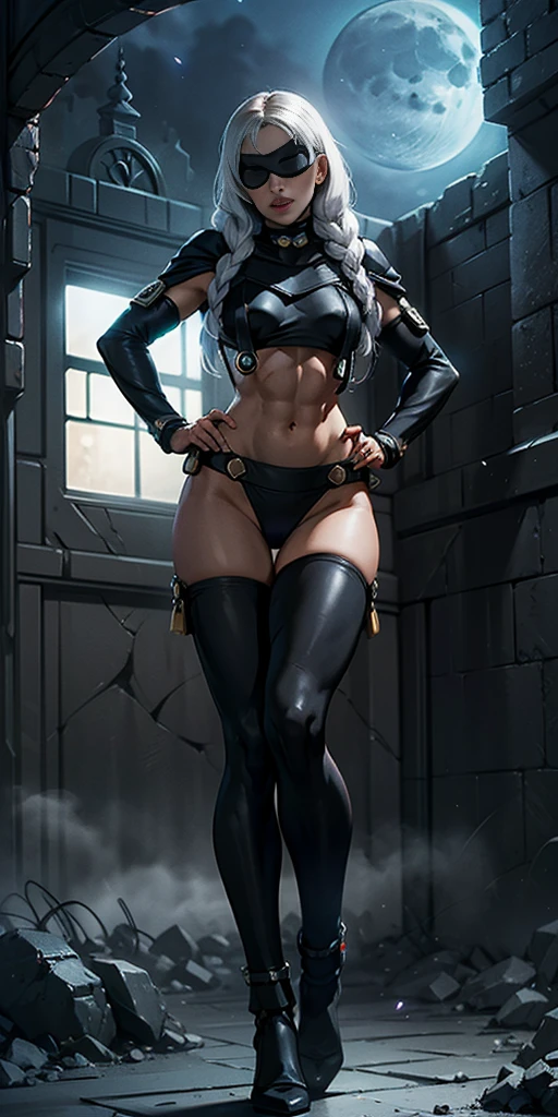 Female wearing tight gantz suit armor torn apart, black collar, corset, navel, abs, single braid, red cape, temple indoors, stained glass windows, night, moonlight, particles, light beam, chromatic aberration, (full body, whole body. 1solo (girl) slave fighter, loincloth standing, hands on hips full body, whole body, 1solo (girl). slave fighter, standing, hands on hips, choker, big belt, view from below, feet together, bracers, tiara) cross belt blindfolded cover eyes