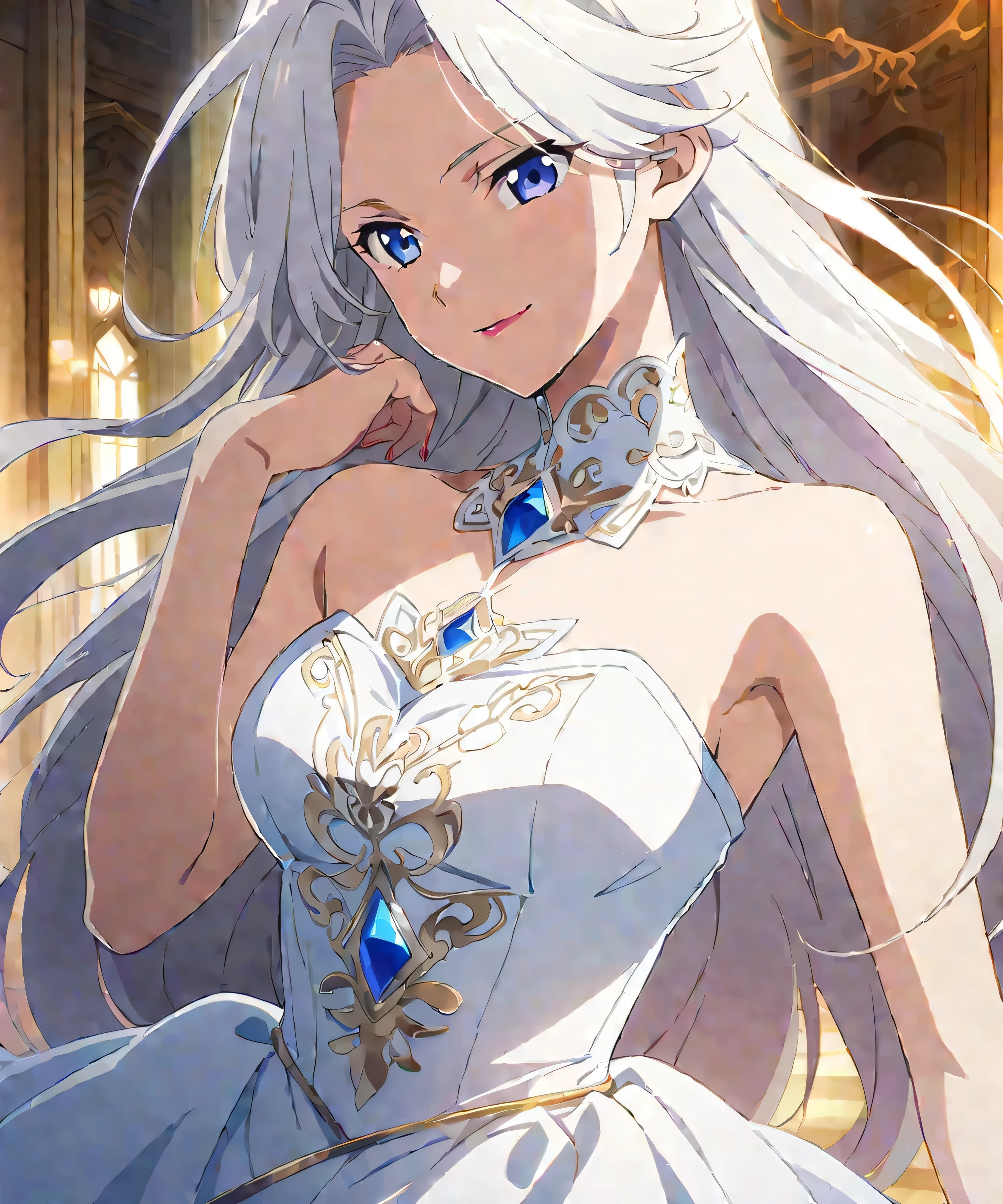 21 year old anime women, mature anime women with long white hair and ((wearing bridal gown, very royal gown)), perfect white haired girl, detailed anime character art, beautiful androgynous prince, white haired lady, white haired, delicate androgynous prince, anime key visual of elegant, white haired deity, with long white hair, anime character, anime character art, white-haired, with white long hair, red colour lipstick, slight smile, make up, ((very high quality photo)) ((close up shot))