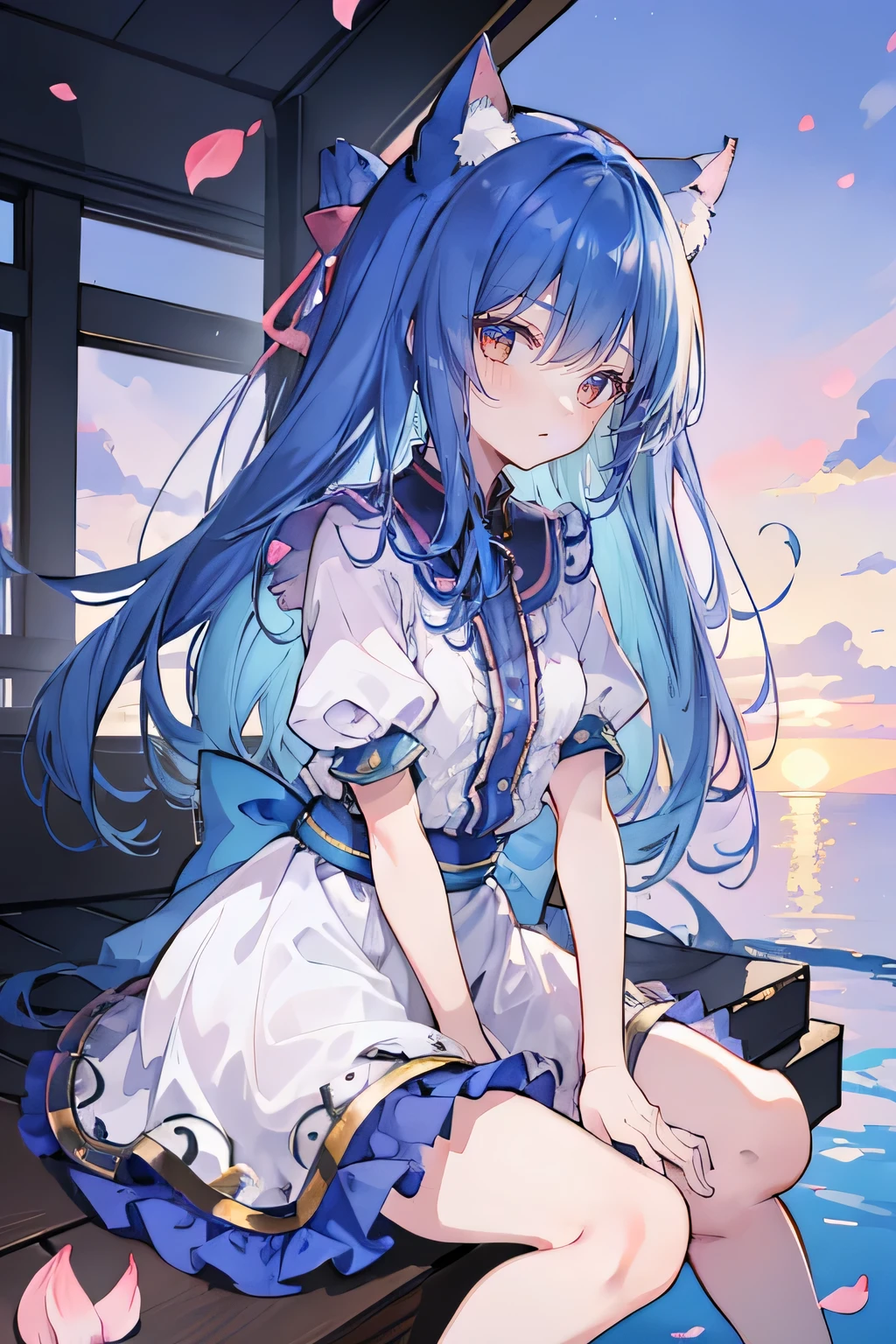(masterpiece:1.2),Super detailed,Practical,expressive eyes,Fair skin,Perfect face shaping,1 Girl,
Japanese cartoons,Gorgeous blue hair, the long flowing blue hair,Floating clothes,Cat ears,Petals falling,beautiful lola,Young Angel,
Hands on waist,sit elegantly on the ground,Cross your legs,Gentle and peaceful background,Cool and cozy pavilion,Sunset,