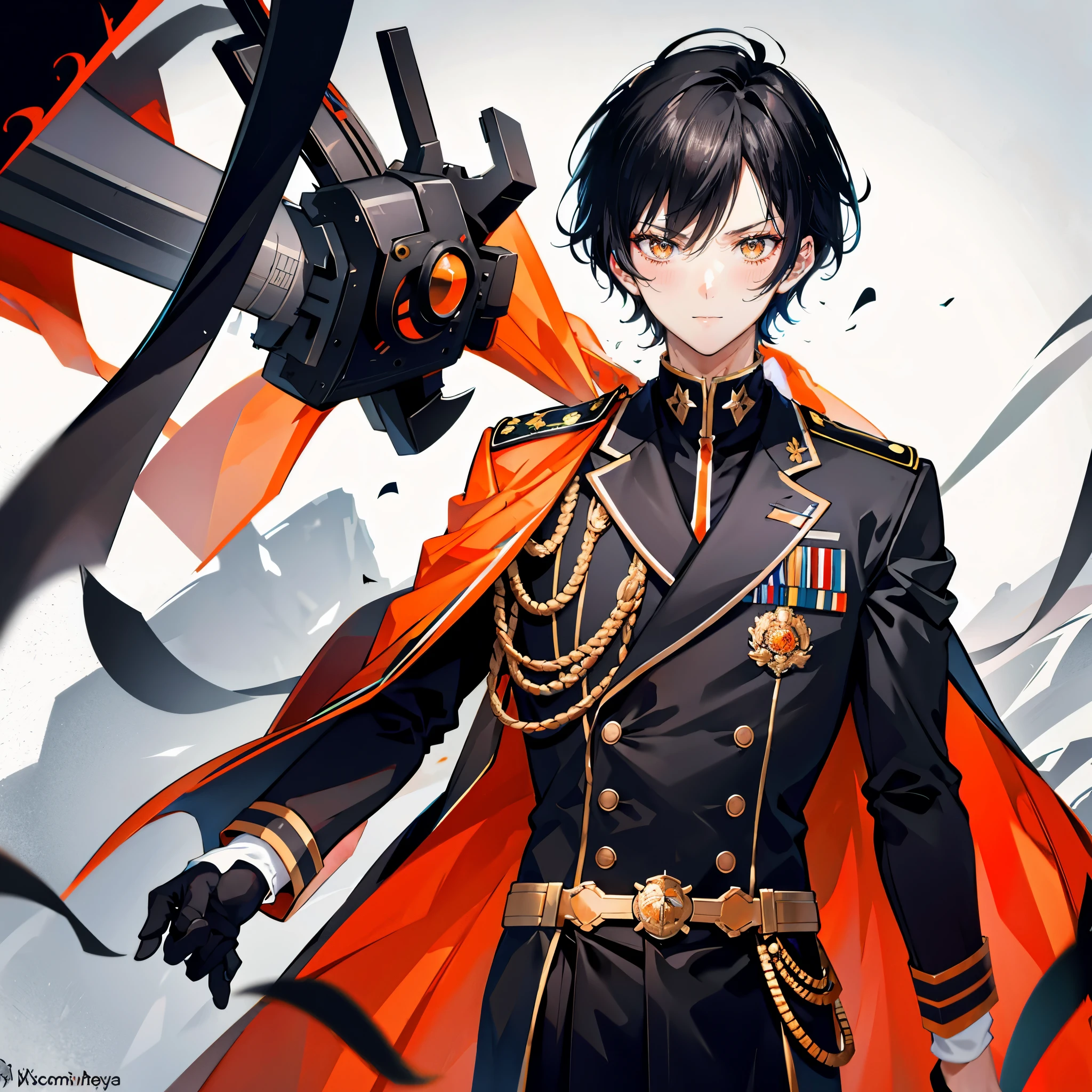 black hair,short detailed hair,male,Handsome, orange eyes,serious-expression,military uniform,portrait