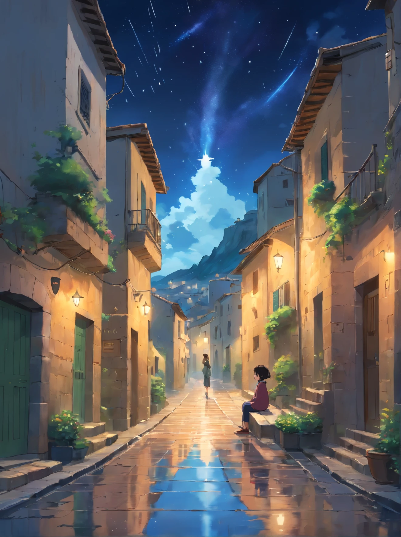 octane, null, star (null), scenery, starry night, 1 woman, black hair, short hair, sassi_diMatera, landscape of Matera, solo, alone, outdoors, building, cloud, milky way, sitting, wood, long hair, city, silhouette, cityscape, the streets of Matera obstacles on the road, rain, rain puddles on the path