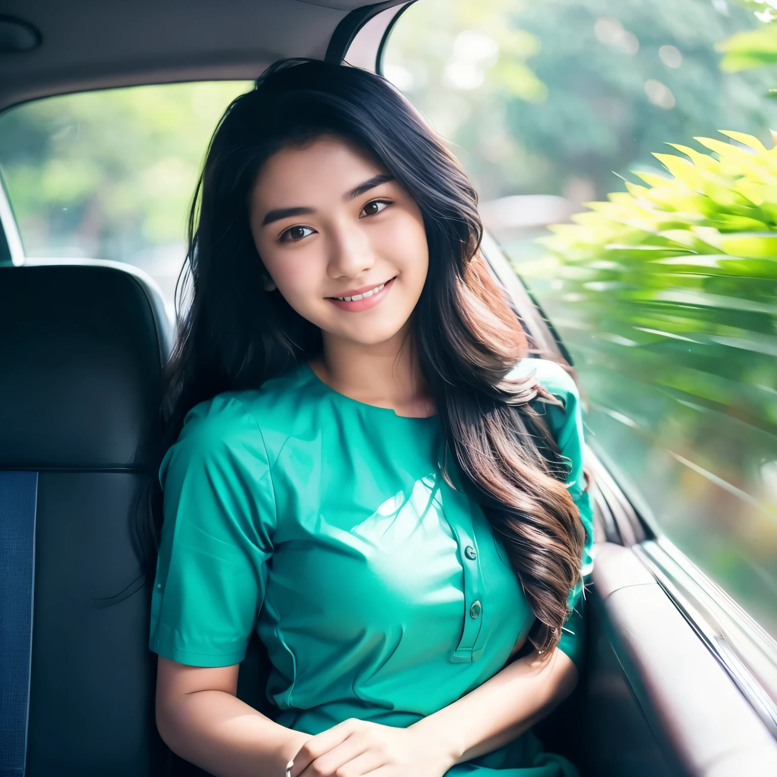 Indian fair complexion, 24 year old, aesthetically muscular man, having a wavy hair with a small funk type hair in a drop shoulder teal tshirt and black jeans with an Indian 22 year old brown complexion women with wavy, medium long hair wearing a navy blue coloured Indian kurti dress and having a bindi are travelling in a car, while sitting at the back seat where she is smiling with her head resting on his left shoulder, sitting side by side