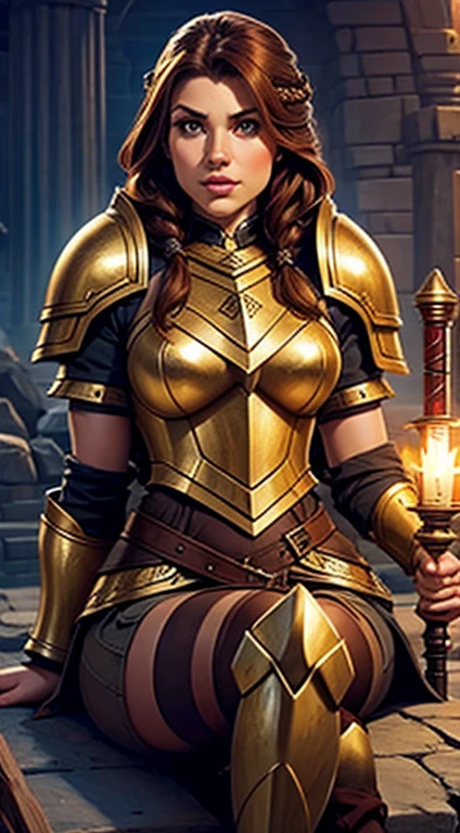 1girl, 25 years old, dwarven, solo, lips, looking at viewer, long hair, elaborately braided hair, parted lips, leaning back, golden eyes, eyelashes, war hammer resting on her shoulder, elaborately decorated armor, full armor