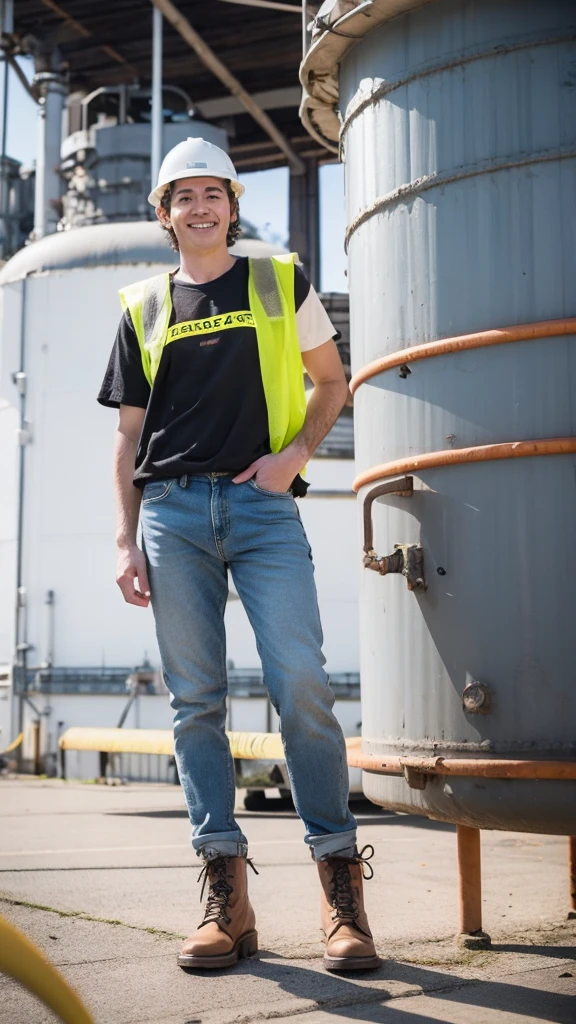Create an image full body of a man in a white helm and yellow safety vest, wearing black boot and stand on front of huge water tanks blue, wearing Tshirt and blue jeans, environmental portrait, worksafe. instagram photo, people at work, industries, corporate photo, photo portrait, look at the details, medium shot portrait, movie shot, with a happy expression