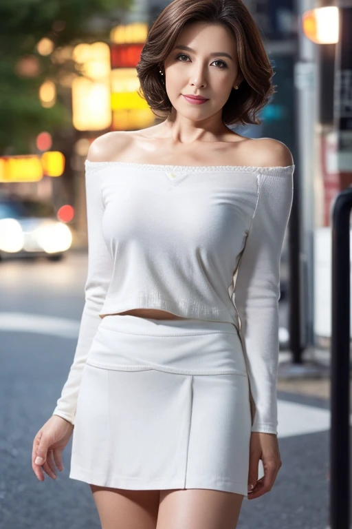 highest quality, masterpiece, High resolution, Realistic, Bright white light illumination, Very detailed, Written boundary depth, From below,((Beautiful mature woman)), ((50 years old)), Sexy Woman, ((White V-neck sweater, Tight mini skirt)), Detailed face, Beautiful Eyes,Big Breasts,Cleavage、Off the shoulder、Tight waist、Plump thighs、Long legs、Wide ass、 Light brown bob hair, Faint lips, ((Stand facing forward, Serious face)), kick your legs up, sharp,Street background