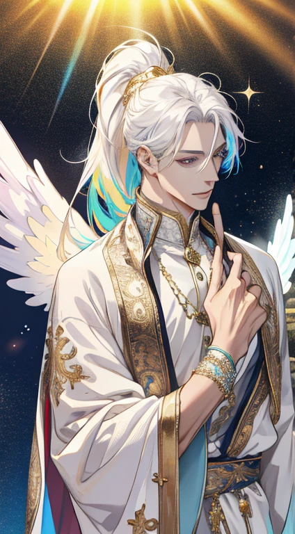 (absurdres, highres, ultra detailed, HDR), 1 male, MALE ONLY, adult, handsome, tall muscular guy, broad shoulders, finely detailed eyes and detailed face, pastel color long hair, high ponytail, fantasy, complex pattern, detailed face, big angel wings, lens flare, colorful, glow white particles, white robe, gold bracelets and accessories, prism, glowing, glitter, particles, bloom, likes to celebrate and have fun, enjoys nature, bright and optimistic outlook, creative and adventurous spirit, represents happiness and harmony