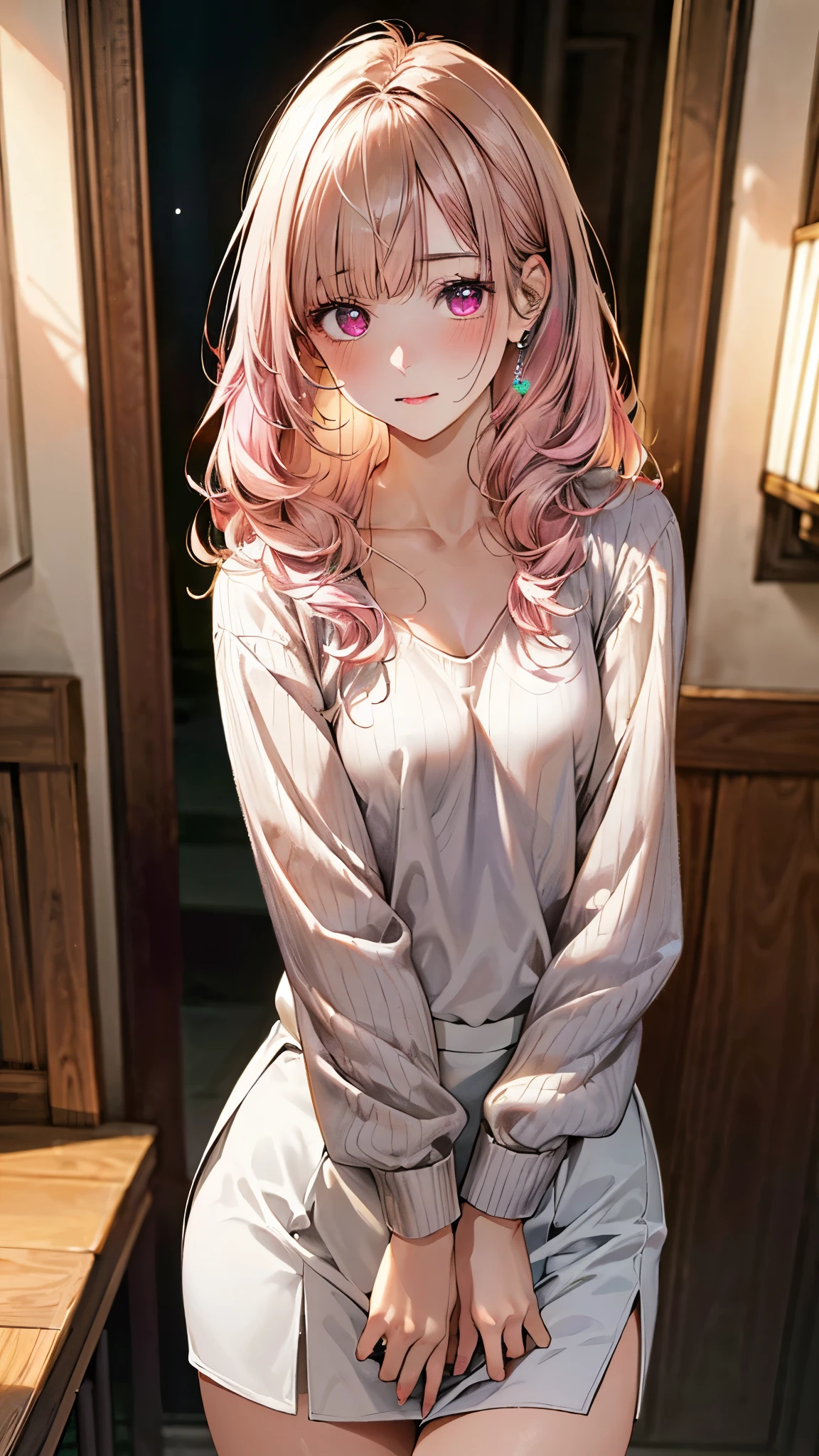 (masterpiece:1.3, top-quality, ultra high res, ultra detailed), (realistic, photorealistic:1.4), beautiful illustration, perfect lighting, natural lighting, colorful, depth of fields, surrealism,
beautiful detailed hair, beautiful detailed face, beautiful detailed eyes, beautiful clavicle, beautiful body, beautiful chest, beautiful thigh, beautiful legs, beautiful fingers, shiny skin, 
looking at viewer, 1 girl, japanese, 18 years old, (perfect anatomy, anatomically correct, super detailed skin), cute and symmetrical face, babyface, perfect face, perfect eyes, slender, 
(long hair:1.8, straight hair, pastel pink hair), blunt bangs, maroon eyes, slant eyes, long eye lasher, (medium breasts, seductive thighs), 
((long sleeve v-neck light brown sweater), white curly skirt),  
(beautiful scenery), evening, (dining room), hand on chest, (nervous, small mouth),