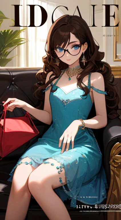 （masterpiece：1.3）， best qualitiy， officlal art， cover of a magazine， Ultra detailded， 1girl， Elegant dress， the living room， Seat on the sofa， long haired， ringlets， brown  hair， blue-eyed， eye glass， jewelries， artation [aaron horkey|lisa frank]，