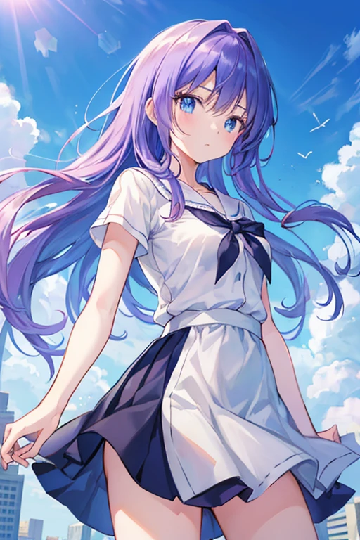 absurderes, hight resolution, (Anime style:1.1), ((masutepiece)), ((Best Quality)), (Ultra-detailed), (Beautiful), solo, Beautiful face、(liftup)、Cute looking at the view from the top of a skyscraper that is closer to the atmosphere,Wind,Thin White colorful long hair,, Blue Eyes,Lens Flare,Dramatic,Detailed Ancient City、Skirt fluttering in the wind、Clouds below looking down、(Don't look here:1.4)