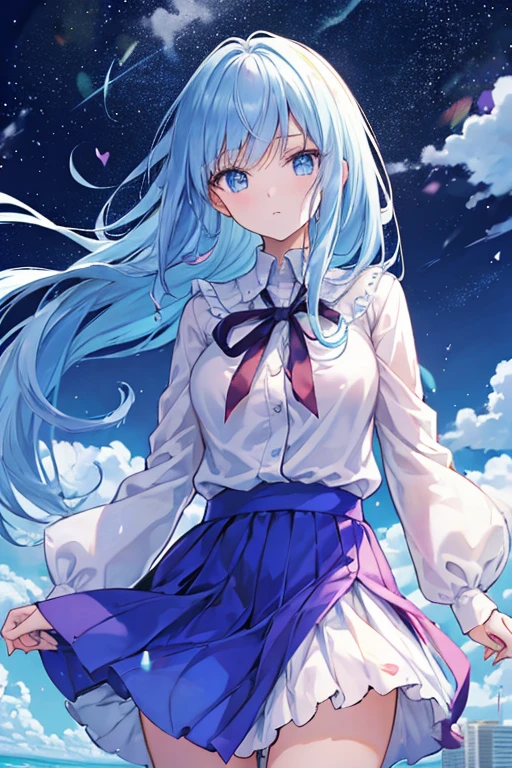 absurderes, hight resolution, (Anime style:1.1), ((masutepiece)), ((Best Quality)), (Ultra-detailed), (Beautiful), solo, Beautiful face、(liftup)、Cute looking at the view from the top of a skyscraper that is closer to the atmosphere,Wind,Thin White colorful long hair,, Blue Eyes,Lens Flare,Dramatic,Detailed Ancient City、Skirt fluttering in the wind、Clouds below looking down、(Don't look here:1.4)