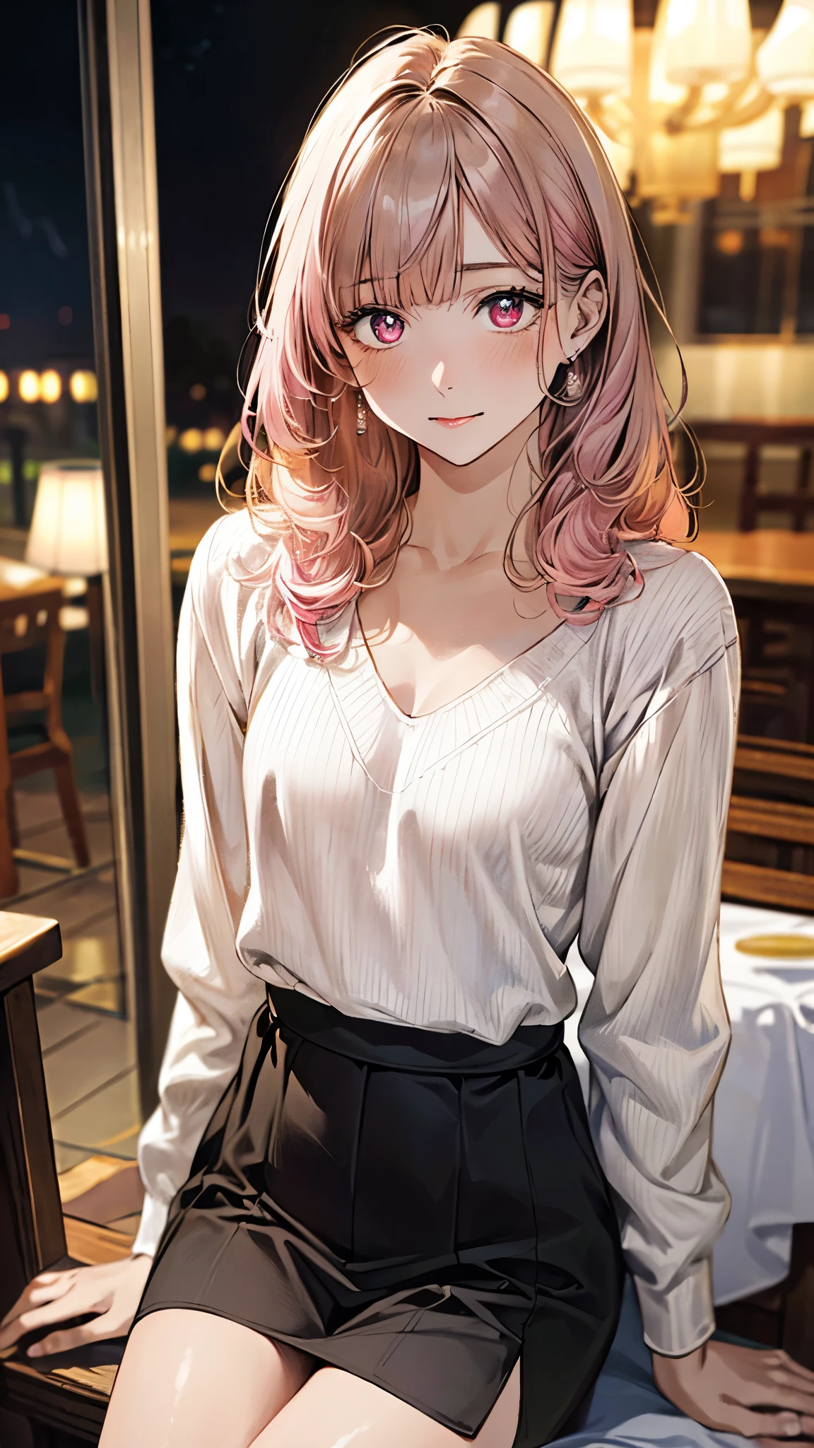 (masterpiece:1.3, top-quality, ultra high res, ultra detailed), (realistic, photorealistic:1.4), beautiful illustration, perfect lighting, natural lighting, colorful, depth of fields, surrealism,
beautiful detailed hair, beautiful detailed face, beautiful detailed eyes, beautiful clavicle, beautiful body, beautiful chest, beautiful thigh, beautiful legs, beautiful fingers, shiny skin, 
looking at viewer, 1 girl, japanese, 18 years old, (perfect anatomy, anatomically correct, super detailed skin), cute and symmetrical face, babyface, perfect face, perfect eyes, slender, 
(long hair:1.8, straight hair, pastel pink hair), blunt bangs, maroon eyes, slant eyes, long eye lasher, (medium breasts, seductive thighs), 
((long sleeve v-neck light brown sweater), white curly skirt),  
(beautiful scenery), evening, (dining room), hand on chest, (nervous, small mouth),