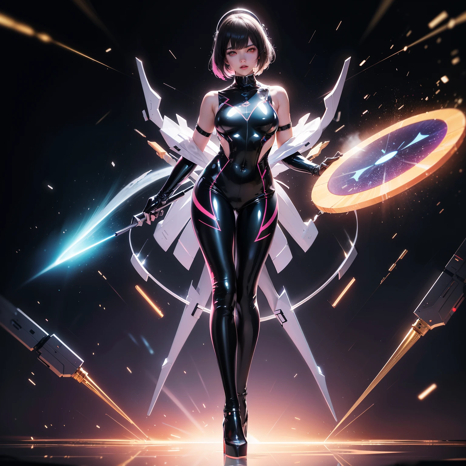 (full body:1.5)，(1girl:1.3),(looking at viewer:1.4)，(anatomy correct:1.3),(Wearing Printed Fantasy latex Ultraman suit and pointed high heels ，and Very thick Printed latex Pantyhose :1.35), (Light particle effect:1.3),(In pink | amarelo | blue colors| green color |red colors | white colors| black in color| purpleish color| greys| Beige| Flesh color 1.4)，(Glowing eyes:1.3),(Large amplitude action: 1.3)，(Accurate and perfect face:1.4),(Clothing Gloss:1.25),(Skin reflection:1.25),hyper HD, Ray traching, reflective light，structurally correct, Award-Awarded, high detal, lightand shade contrast, Face lighting，cinmatic lighting, tmasterpiece, super detailing, high high quality, high detal, best qualityer, 16k，high contrast,