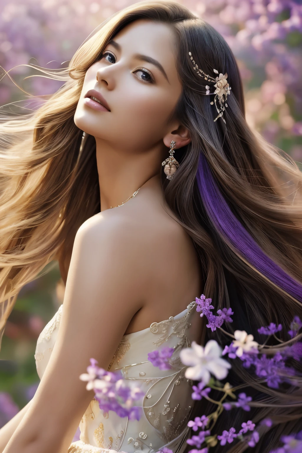 Create a digital masterpiece depicting a captivating figure with long, flowing hair, merging harmoniously with elaborate, swirling patterns in shades of purple, white, and beige. The intricate designs evoke the essence of feathers or enchanting floral motifs, casting an ethereal and mystical ambiance. This mesmerizing work of art is captured in high resolution, exuding exquisite detail and photorealistic realism. The background is blurred, allowing the figure to gracefully stand out, bathed in soft, harmonious light. This enchanting portrait is a true 1.2 Masterpiece.