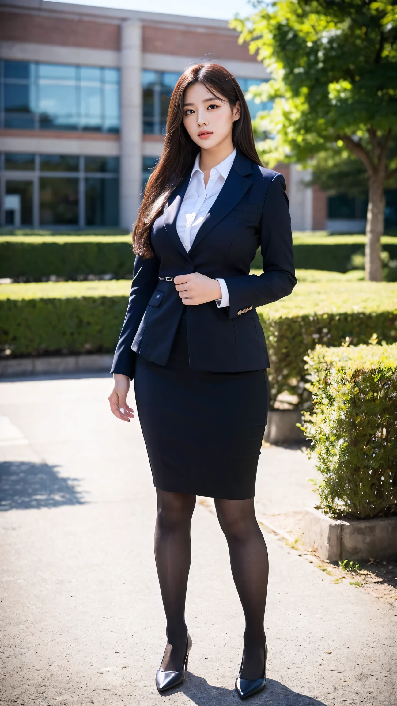 (masutepiece,High quality,16k:1.1),(depth of fields:1.3) ,((front body:1.35)),Japanese ,Woman, ((business suit, pencil skirt)), tights,huge breasts, voluptuous, thicc, curvy,(Looking at Viewer:1.3),(full body shot:1.2),(Beautiful Morning view of town:1.2),