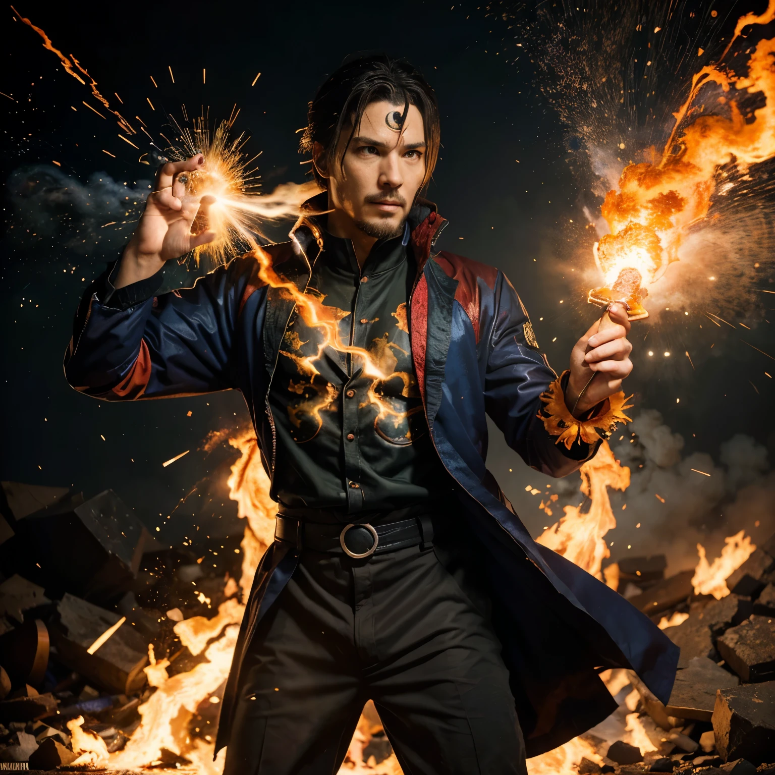 Doctor Strange handsome and athletic, dressed as Naruto Uzumaki coming out of an explosion with lots of flames , colorful smoke and flames, foto hd, Fotografia hiper-realista, melhor qualidade, 50mmf/2.8