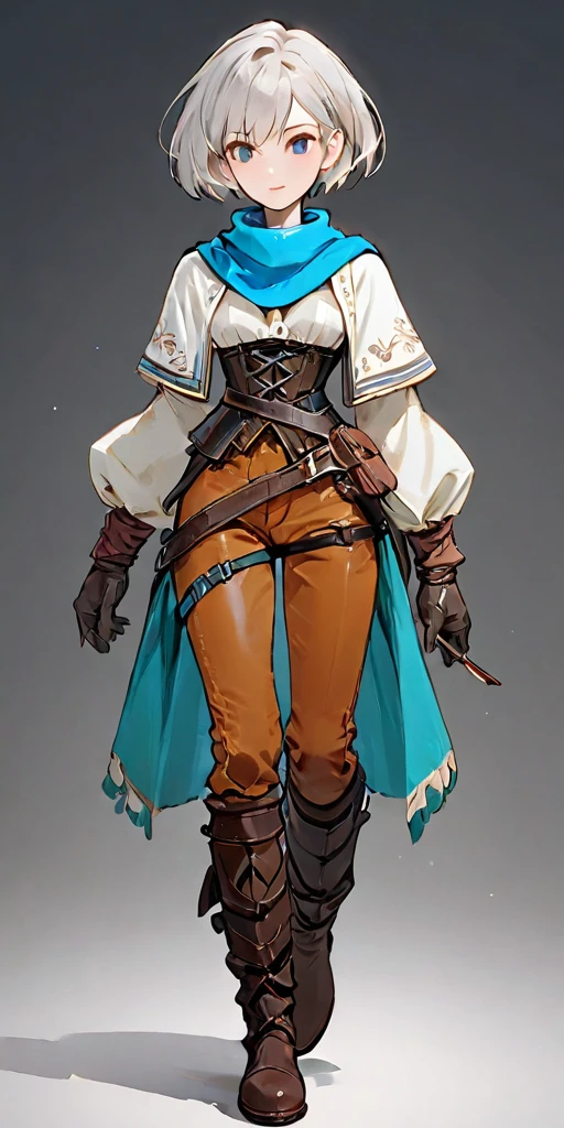 female adventurer white silver short bob hair cut, full body, game art style, (masterpiece), colorful clothing, scarves, leather belts, half skirt over pants and boots, flowing blouse and leather corset, best quality, highres, 4k, 8k, Detailed Illustration, intricate detail, cinematic lighting, amazing quality, 1girl, fit female, amazing shading, soft lighting, facing camera, perfect eyes