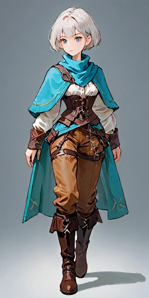 female adventurer white silver short bob hair cut, full body, game art style, (masterpiece), colorful clothing, scarves, leather belts, half skirt over pants and boots, flowing blouse and leather corset, best quality, highres, 4k, 8k, Detailed Illustration, intricate detail, cinematic lighting, amazing quality, 1girl, fit female, amazing shading, soft lighting, facing camera, perfect eyes