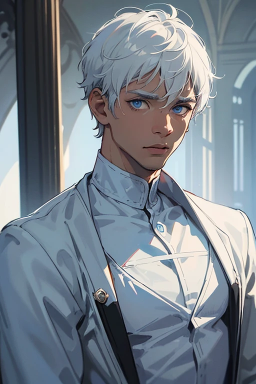 (masterpiece, best illustration, extreme light and shadow), a beautiful man, ((light Skin )) , short hair , blue eyes , white hair , close up shot , wearing a gray jumpsuit , solo Character