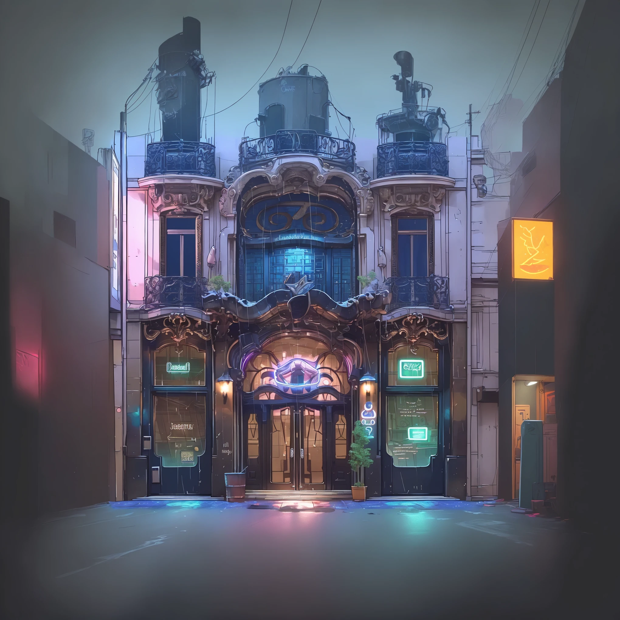 Tattoo studio facade, brightly colored Thorns & ink sign, piercings and tattoos, modernist building facade, Harley motorcycle, creative modernism in architecture, night, neon, brightly colored neon signs, rainy night