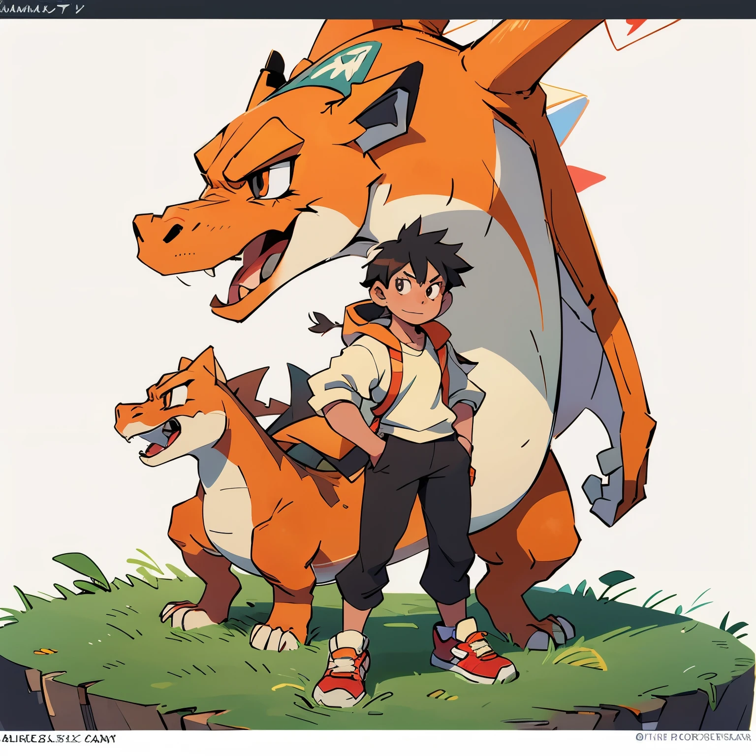 best quality, high quality, charizard, black eyes, grassfield,