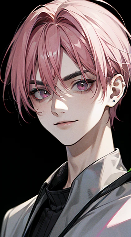1boy, (Grey Eye) ((Pink Hair Color| black hair color)) , short hair, pink clothes, piercings, a smile, ((solo)), Evil eyebrows, (gray eyes color), (close up face, Masterpiece, Best Quality:1.2), 8K, offcial art, absurdres,(very dark Grey  background:1.4), ultra realistis, high-definition, Photography, Film grain, chromatic aberration, sharp-focus, HDR, Colorless eyes