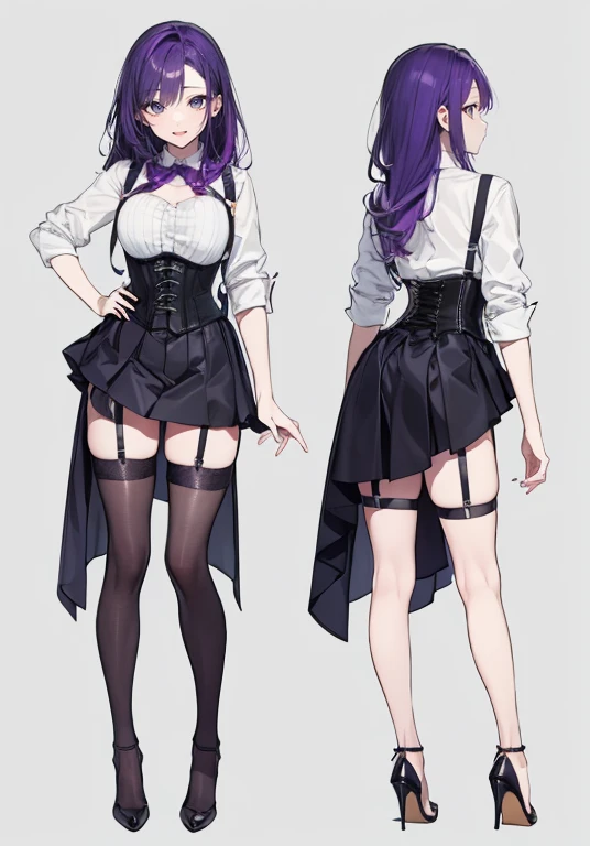 Purple hair,long hair,Adult female,(Bartender),((Body harness)),((Rolling up your sleeves shirt)),(Corset),(Tight skirt),((Garter belt)),(high heels),((Simple background)),Smile,((Full body)),((whole body)),Character Sheet,