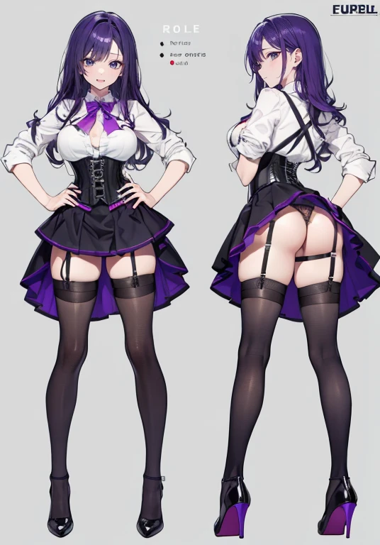 Purple hair,long hair,Adult female,(Bartender),((Body harness)),((Rolling up your sleeves shirt)),(Corset),(Tight skirt),((Garter belt)),(high heels),((Simple background)),Smile,((Full body)),((whole body)),Character Sheet,