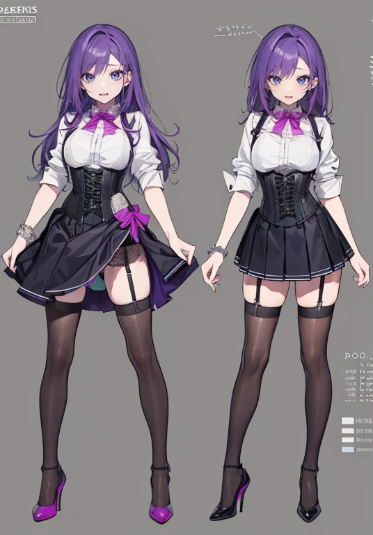 Purple hair,long hair,Adult female,(Bartender),((Body harness)),((Rolling up your sleeves shirt)),(Corset),(Tight skirt),((Garter belt)),(high heels),((Simple background)),Smile,((Full body)),((whole body)),Character Sheet,