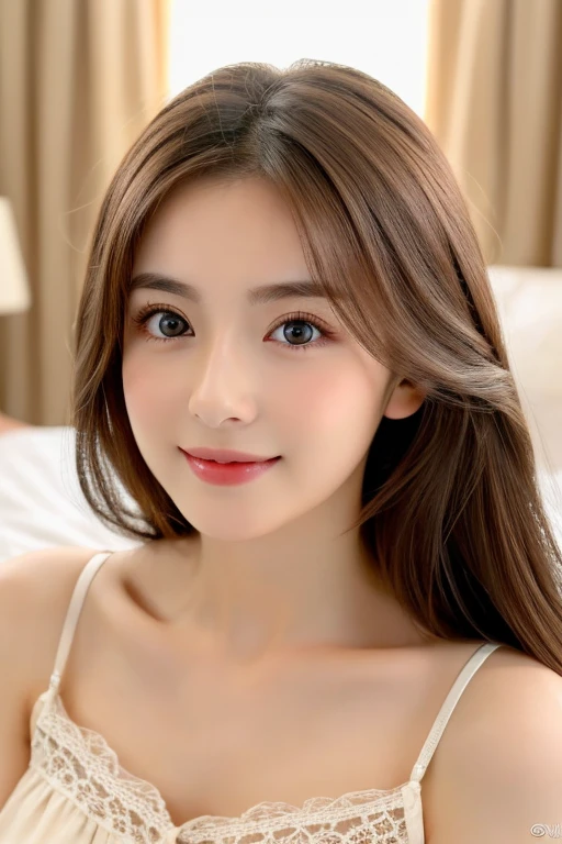 (((8ｋ,Attention to detail,Attention to detail、highest quality，masterpiece,Attention to detail,))),RAW Photos & Realistic atmosphere,Beautiful dark eyes,Mouth Details,Glossy Lips,Thin eyebrows,beautiful Eyes、Soft white skin that shines in every detail、Her deep black eyes are very beautiful, Very beautiful face,Very beautiful face、Lively Faces,beautiful, Glowing Lips,beautiful Eyebrows,Infinite Reality, Realistic Young Gravure Idol,Very cute woman , Young Gravure Idol, Young Gravure Idol, とても美しくてかわいいbeautiful 21 year old beauty,Incredibly beautiful and elegant，beautiful 21 year old beauty,Natural soft light,A little brown hair，（Shiny Hair,,beautiful and kind eyes：1.5）,A kind smile,Shapely breasts,Medium Long Hair,beautiful posture,No makeup,Watching the Future,On the bed，