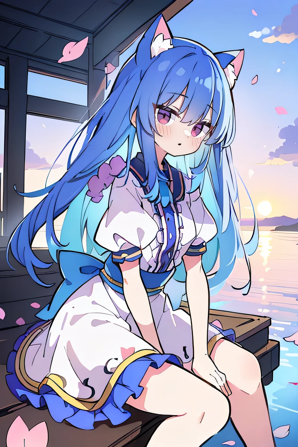 (masterpiece:1.2),Super detailed,Practical,expressive eyes,Fair skin,Perfect face shaping,1 Girl,
Japanese cartoons,Gorgeous blue hair, the long flowing blue hair,Floating clothes,Cat ears,Petals falling,beautiful lola,Young Angel,
Hands on waist,sit elegantly on the ground,Cross your legs,Gentle and peaceful background,Cool and cozy pavilion,Sunset,