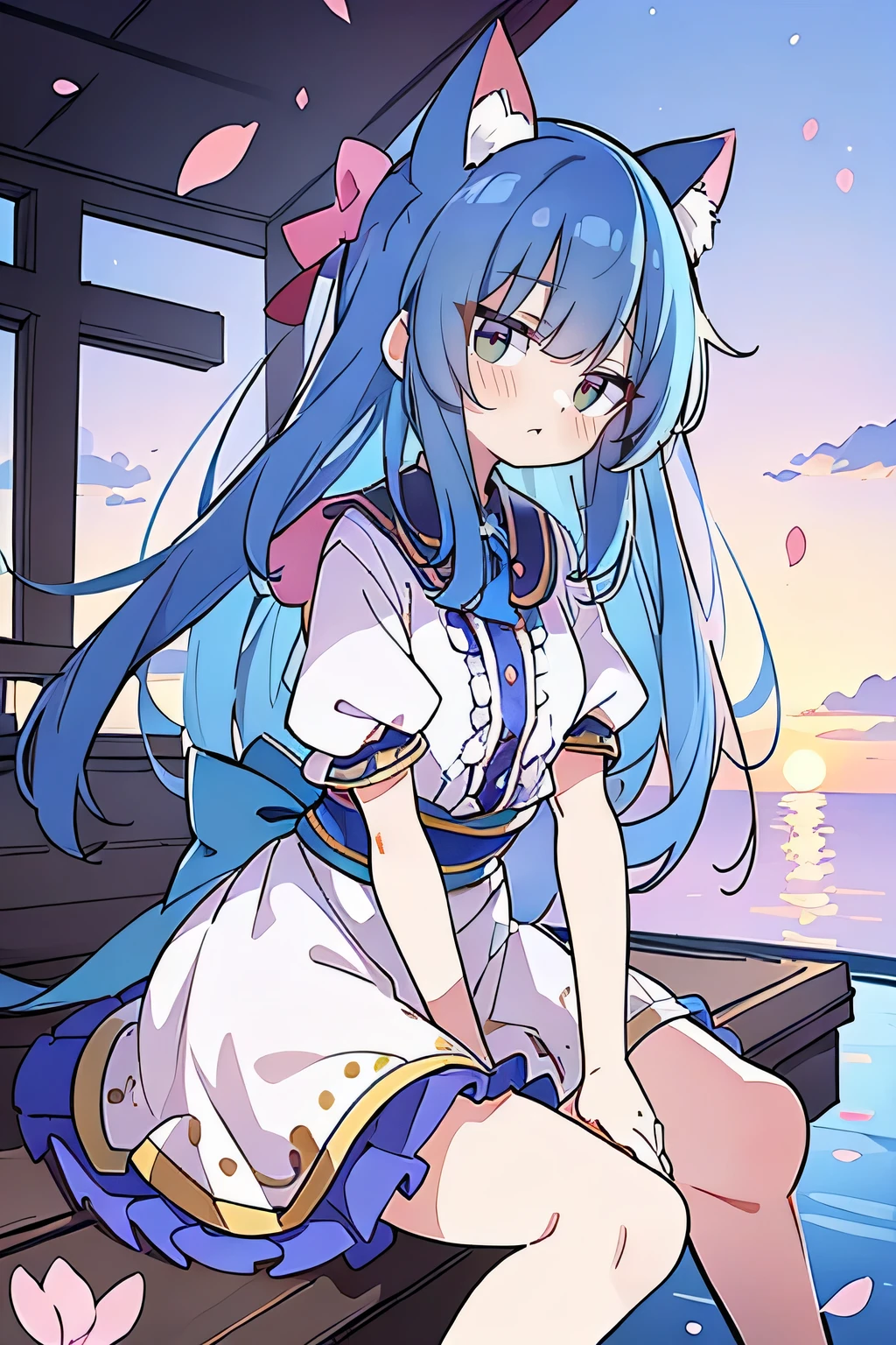 (masterpiece:1.2),Super detailed,Practical,expressive eyes,Fair skin,Perfect face shaping,1 Girl,
Japanese cartoons,Gorgeous blue hair, the long flowing blue hair,Floating clothes,Cat ears,Petals falling,beautiful lola,Young Angel,
Hands on waist,sit elegantly on the ground,Cross your legs,Gentle and peaceful background,Cool and cozy pavilion,Sunset,