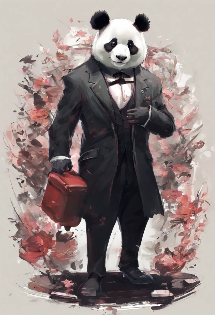 anthropomorphic panda, de cuerpo entero, vestido formalmente con un blazer, sostiene una bandeja, pegatina de panda, sticker de panda.