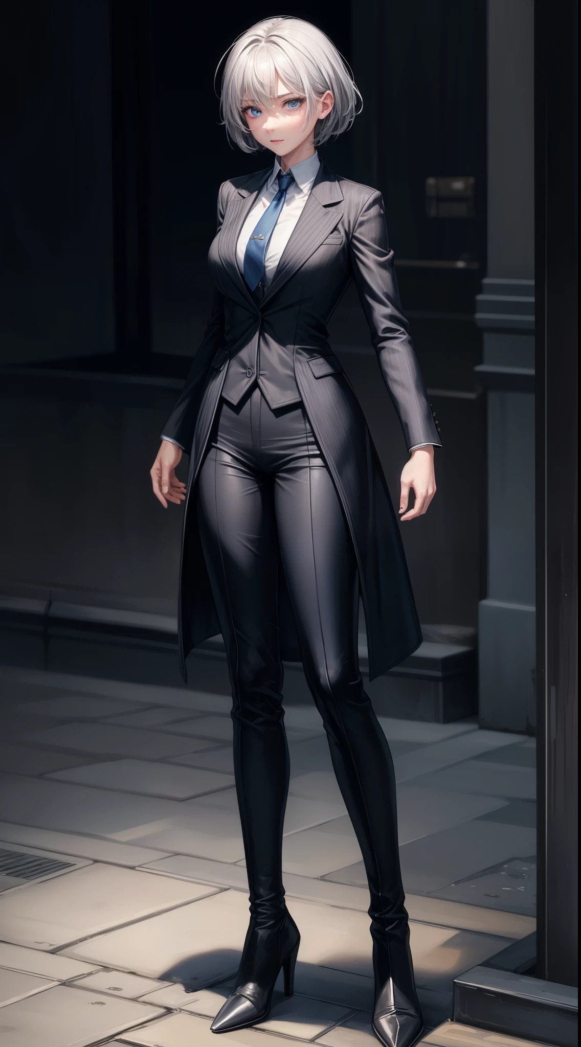 masterpiece, highest quality, High resolution, 1 girl, Gray Hair, short hair, blue eyes, Medium chest, OL, tie, Black suit, Outdoor,Idol Master,Anastasia,Knee-high boots,pants suit