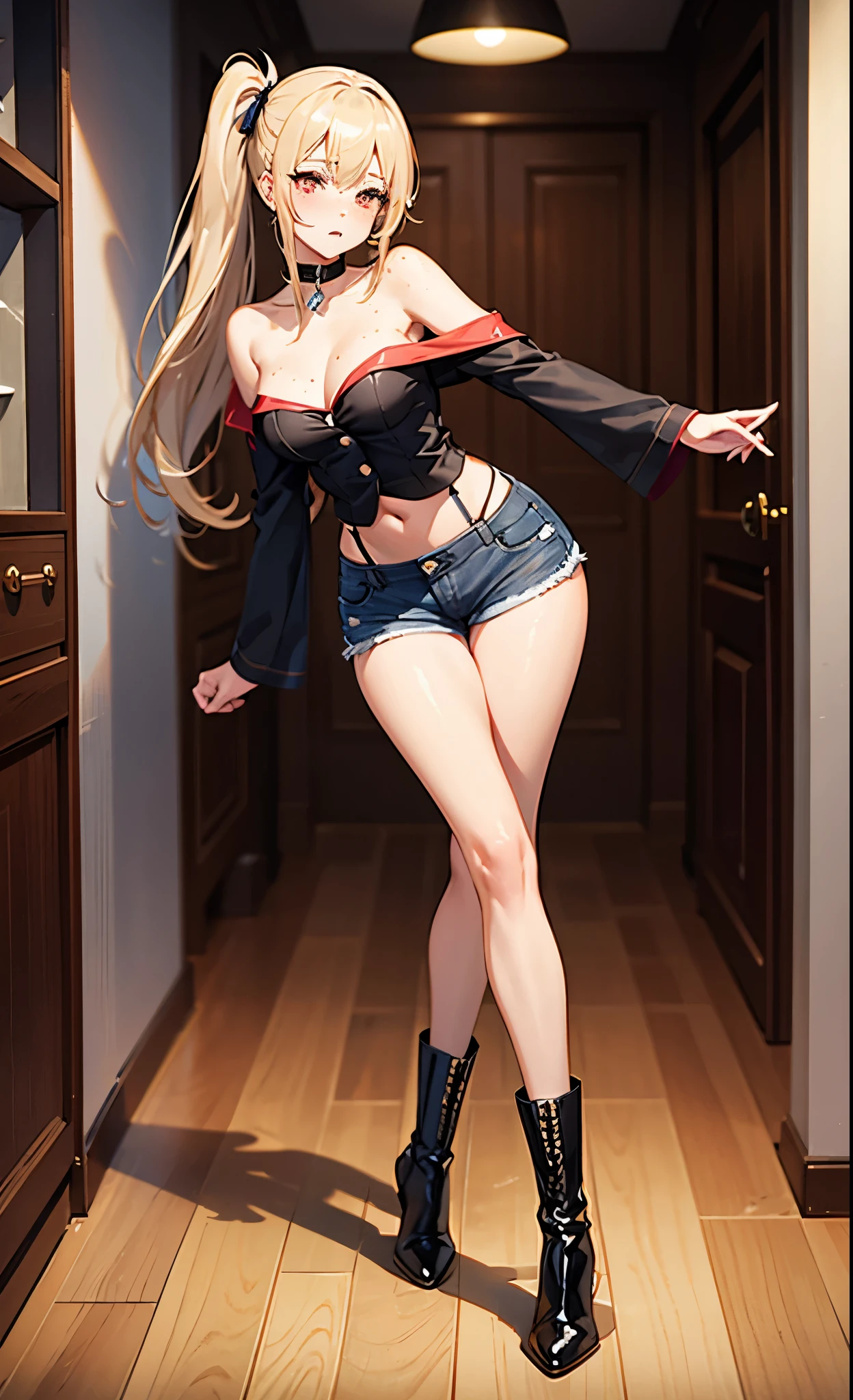 A very high-detailed illustration of a beautiful anime girl [blonde one side ponytail, freckles, beautiful red eyes, freckles, choker, lustful expression, cocky expression , collarbone, large breasts, small waist, wide hips, juicy thighs], solo, wearing a shirt [ strapless ,white shirt, cleavage, naked waist, no sleeves], wearing shorts [sexy shorts, black shorts, very revealing shorts, black denim shorts], wearing high heel boots [ black boots, high heel boots, boots up to her knee], in the hall of a high class hotel, facing the camera, posing standing, sexy posing, 8k, best quality, highres, masterpiece, full body picture, high detailed, high resolution