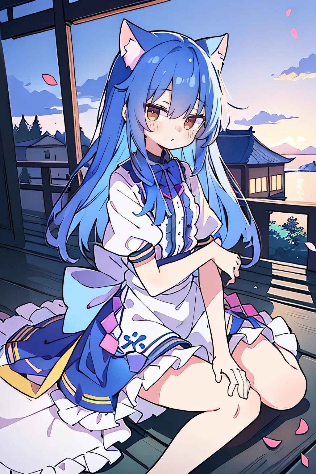 (masterpiece:1.2),Super detailed,Practical,expressive eyes,Fair skin,Perfect face shaping,1 Girl,
Japanese cartoons,Gorgeous blue hair, the long flowing blue hair,Floating clothes,Cat ears,Petals falling,beautiful lola,Young Angel,
Hands on waist,sit elegantly on the ground,Cross your legs,Gentle and peaceful background,Cool and cozy pavilion,Sunset,