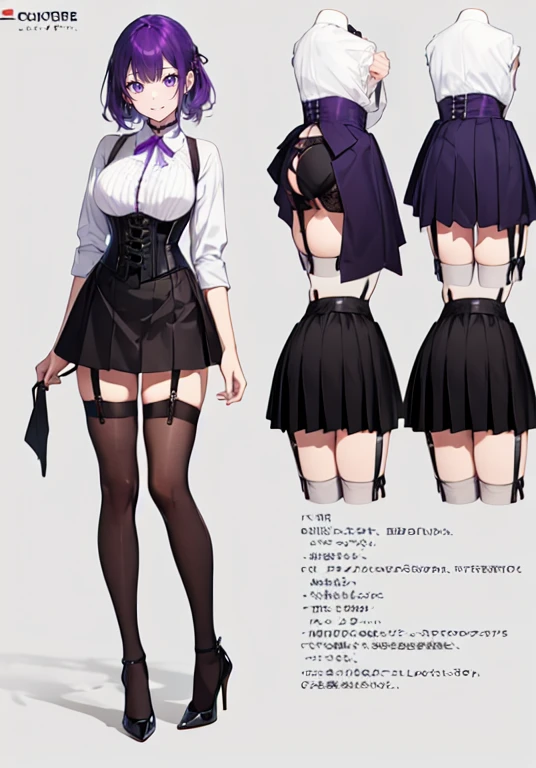 Purple hair,Shortcuts,Adult female,(Bartender),((Body harness)),((Rolling up your sleeves shirt)),(Corset),(Tight skirt),((Garter belt)),(high heels),((Simple background)),Smile,((Full body)),((whole body)),Character Sheet,