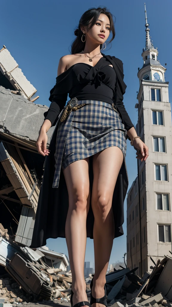 (16k, High resolution, highest quality, masterpiece, 超High resolution), ((Giantess Elements, From below)), Perfect dynamic composition:1.2, (Modern city at night, Sit with your knees bent:0.5), Highly detailed skin and facial textures:1.2, (Towering Giant Young Woman, Higher than skyscrapers, 50,000 feet high), Incredibly slim body, Fair skin, Very beautiful face, (近づいてくる女性をFrom below見上げる, Destroy a small town), (Checkered Skirt, Wear casual clothes), Shapely breasts, Chest gap, Big eyes that exude beautiful eroticism, Lips that exude beautiful eroticism, necklace, Earrings, bracelet, wedding ring, Shoulder bag, clock, ribbon, (Trampling, rubble, Destroyed small building, Collapsed highway, Cars are crushed, Residents evacuated)