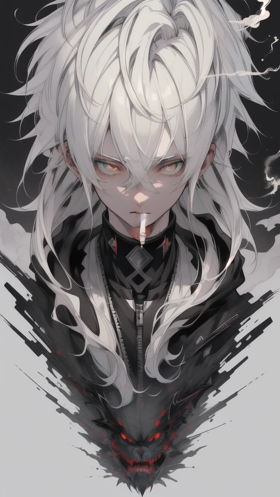 1 boy, (super detailed, high res, super detailed, top quality, awesome, top quality, very detailed CG Unity 8k), looking at viewer, full body, good looking white haired boy, wearing oversized hoodie, unkempt hair, ((cigarette in mouth)), cool looking, stylish,