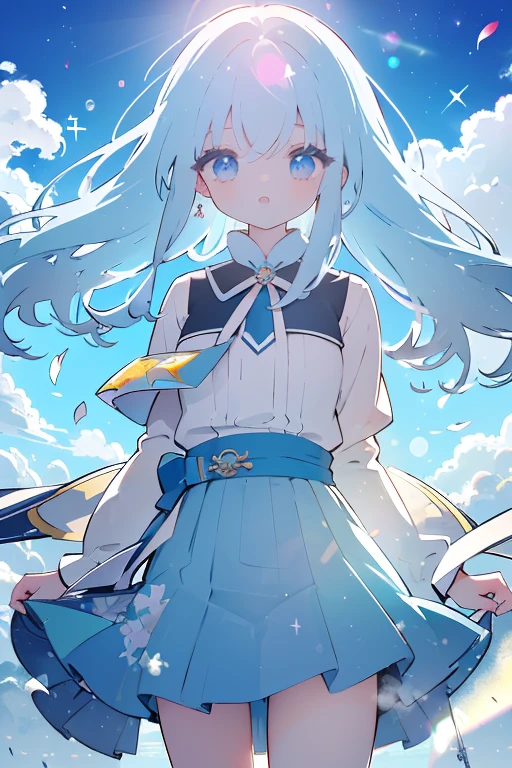 absurderes, hight resolution, (Anime style:1.1), ((masutepiece)), ((Best Quality)), (Ultra-detailed), (Beautiful), solo, Beautiful face、(liftup)、Cute looking at the view from the top of a skyscraper that is closer to the atmosphere,Wind,Thin White colorful long hair,, Blue Eyes,Lens Flare,Dramatic,Detailed Ancient City、Skirt fluttering in the wind、Clouds below looking down、(Don't look here:1.4)