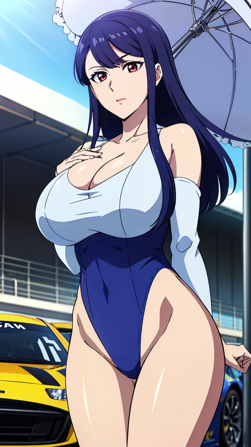 rifa,1 girl,紫colorのeye, 紫colorの髪,bangs,Long Hair,(Race Queen, leotard, No sleeve, Parasol, Car racing venue),
20 years,young woman,beautiful long legs,beautiful body,
beautiful Nose,beautiful character design, perfect eye, perfect face,expressive eye,Perfect balance,
View your viewers,(Focus on her face), (Innocent_big_eye:1.0),
Anime art style,Dynamic Angle,Official Art,Very detailed CG ユニティ 8k 壁紙, Perfect lighting,colorful, bright_front_face_Lighting,White skin,
(masterpiece:1.0),(Highest_quality:1.0), 超High resolution,4K,Very detailed,
photograph, 8k, High resolution, High resolution, Absurd:1.2, Kodak Portrait 400, Film Grain, Lens flare, (Vibrant_color:1.2),プロのphotograph,
(beautiful_:1.4), (beautiful_face:1.5),(narrow_Waist),